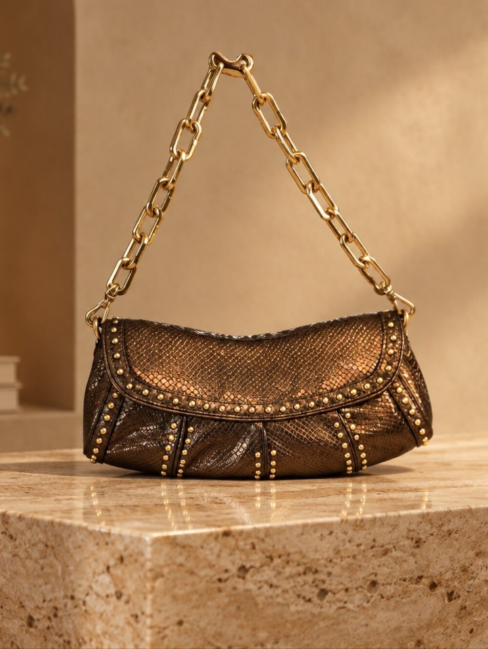 Maxx New York Metallic Bronze Studded Shoulder Clutch EUC